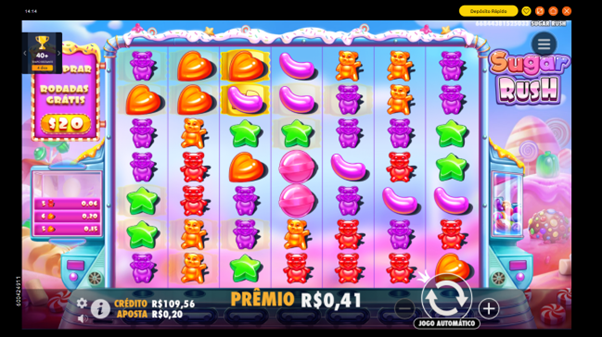 Jogo base do slot Sugar Rush com grade cheia de s&iacute;mbolos coloridos.